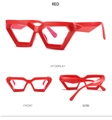 Three-way view of stylish red irregular geometric hexagonal eyeglasses for men and women - Red Frame Clear Lens