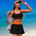 Women's quick-dry black bikini set with orange trim and matching athletic skirt and sun hat - M / Black with Orange Trim