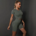 Dark green seamless high-waist yoga set with short sleeve crop top and biker shorts - Dark Gray