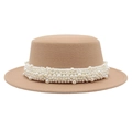 Chapeau de feutre kaki élégant à bord plat orné de plusieurs rangées de perles - M(56-58cm) / Chameau