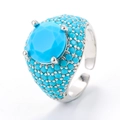 Hip hop silver ring with large round blue stone and micro-pave turquoise beads - Adjustable Open / Platinum-Sky Blue Zirconia