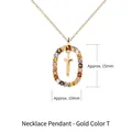 Gold letter T necklace with colorful gemstones and oval crystal frame pendant - 925 Silver / Letter T (Gold)