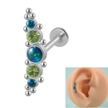 Curved stainless steel labret stud featuring aqua opal and green faceted crystals - Curved OP19+Olive Green