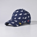 Detailed view of navy blue baseball cap with designer pigeon prints and curved brim - Adjustable / Navy Blue Pigeon Print