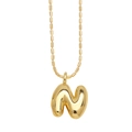 Bubble letter N pendant necklace in polished gold finish with faceted ball chain - Letter N