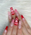 Lange coffin kunstnagels met rode French tips en gradiënt hartpatronen - Rood Roze Hart Franse Stijl(JP1342)