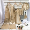 Champagne 5-piece silk pajama set with floral prints featuring robe, slip dress and shorts - S / Champagne Cherry