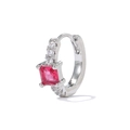 Macro shot of silver hoop earring with square red zircon and white crystal accents - Silver Red