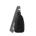 Black pebbled PU leather chest bag featuring a stylish black and white geometric strap - Black
