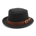 Chapeau pork pie en laine noire classique avec bande en similicuir brun et boucle dorée - M (56-58cm) / Noir