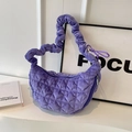 Purple quilted velvet crescent bag with cloud-like ruched shoulder strap for women - Deep purple