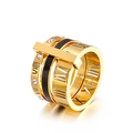 Golden multi-layer Roman numeral ring with black enamel and white rhinestones - US 7 / Gold & Black Two-tone Style (KR92266-GC)