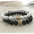 Couples 8mm matte black lava and white turquoise bead bracelets with gold accents - White Turquoise Lava Stone Gold Bead Style (01) / Set of 2