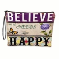 Blumige Kosmetiktasche mit Believe und Happy Holzmuster für die Reiseaufbewahrung - Glaube Glücklich Stil (Mit Band)