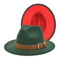 Two-tone wool felt fedora hat in forest green and red with a stylish leather belt buckle - M (56-58cm) / Grass Green and Red