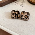 Detail of four-leaf clover stud earrings with leopard print faux fur and brown resin frames - 35# Clover Leopard Studs (Silver Pin-Coffee)