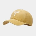 Close-up of yellow washed cotton baseball cap with God Wins religious text print - Yellow