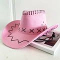 Cappello da cowboy rosa con cuciture nere decorative e sottogola regolabile - L (58-60cm) Adulti / Rosa Chiaro