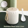 Cream white 304 stainless steel insulated soup jar with wood grain lid and yellow strap - 400ml / 400ml Wood Grain Stainless Steel White