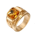 Detail of vintage gold ring with large yellow square zircon and engraved band - Gold Yellow Zirconia