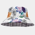 Detail showing reversible bucket hat with tropical leaf print and plaid patterns - M (56-58cm) / Colorful Botanical & Grey-Black Tartan (13#)