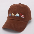 Detail of cartoon car embroidery on brown corduroy baseball cap for kids and children - Kids Size / Construction Vehicles Embroidery / Coffee
