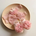 Pink lace baby headband with mesh crown and matching bow socks with pearls in a ceramic tray - 4635 Pink Headband + Socks