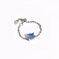 Detail of adjustable silver chain ring with a blue gemstone and tiny heart charm - White Gold (Blue Stone) (White Gold 3)