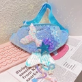 Close-up of blue sequin kids fanny pack with mermaid tail and starfish details - Blue