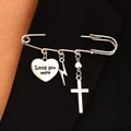 Silver punk safety pin brooch with hanging heart, lightning bolt, and cross charms - Lightning Heart Cross Style (5965)