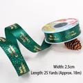 Dark green Christmas ribbon with gold Merry Christmas print and snowy dots on white background - Dark Green Starry Merry Christmas