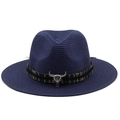 Detail of dark blue straw fedora with ethnic band and silver bull skull ornament - M(56-58cm) / Navy Blue