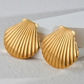 Elegant gold fan-shaped shell earrings with textured metallic finish on a white stone - Fan Shell Style (E820)