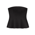 Minimalist black strapless top with cinched waist and flared hem on white background - S / Black