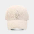 Detailed view of the soft faux mink fur texture on a cream-colored baseball cap - Beige