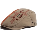 Retro khaki newsboy hat with orange plaid panels and vintage embroidery design - Adjustable / Khaki