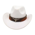 Detailed close-up of a silver bull head metal buckle on a white felt cowboy hat strap - White (Bull Head Buckle)