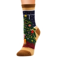 Detail of Christmas cotton socks featuring a decorated festive tree with gift boxes - Earthy Yellow