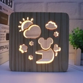 Wooden square night light with carved sun and stars patterns in warm yellow glow - Sun Bear/15cm