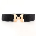Women's elastic woven belt in black with a geometric gold metal buckle on white background - Black