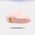 Pink wool beret for women featuring delicate sunflower embroidery in a vintage style - One Size / Pink