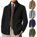 Men's hooded knit cardigan sweater with buttons available in multiple colors - M / Tops / Black