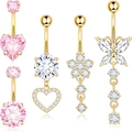 Set of 6 gold belly rings featuring pink hearts, butterflies, and sparkling zircon gems - Gold 5-Piece Set