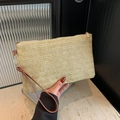Lightweight straw envelope clutch with brown faux leather wristlet and gold hardware - Khaki
