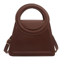 Minimalist dark brown trapezoid handbag with circular handle and adjustable strap - Brown