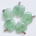 Set of five green heart-shaped natural stone pendants with silver metal loops - Green Strawberry Quartz