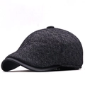 Donkergrijze visgraat flat cap voor heren met zwarte kunstlederen klep en wolmix - L(58-60cm) / Zwart