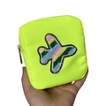 Neon green nylon cosmetic bag with colorful airplane patch and gold zipper detail - Airplane Embroidery Patch / Fluorescent Green