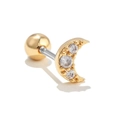Gold plated crescent moon stud earring with three zircon stones and screw ball back - Crescent Moon (EGD0413)