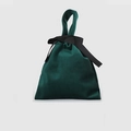 Deep green velvet drawstring pouch with black ribbon bow for jewelry and gift packaging - Green Small - Plain / 17.5x18cm